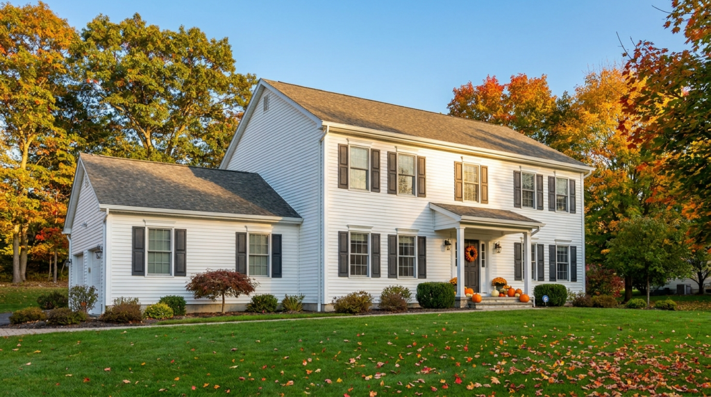 Hudson Valley colonial home in autumn with clean white seamless gutters