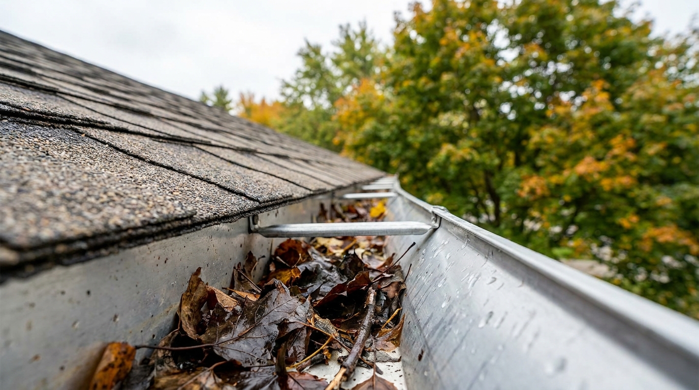 Aluminum gutter partially filled with wet autumn leaves and twigs