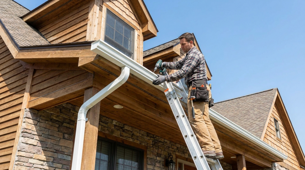Professional installer fitting a new white seamless gutter to a home