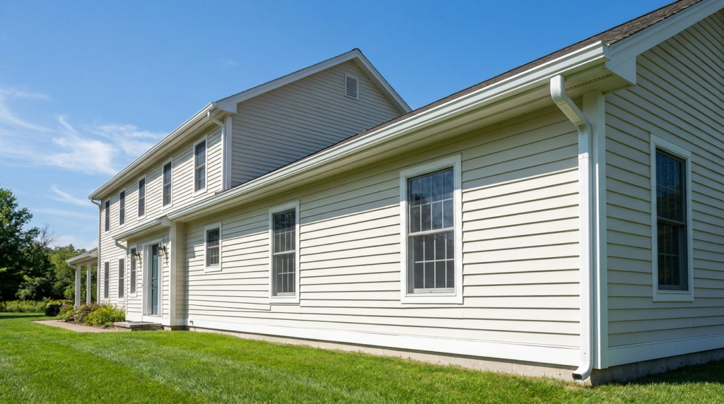 Long unbroken run of white seamless aluminum gutter along a home eave