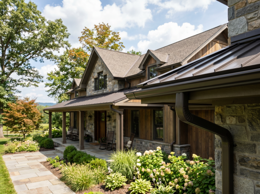 Upscale Hudson Valley home with newly installed seamless aluminum gutters in bright daylight